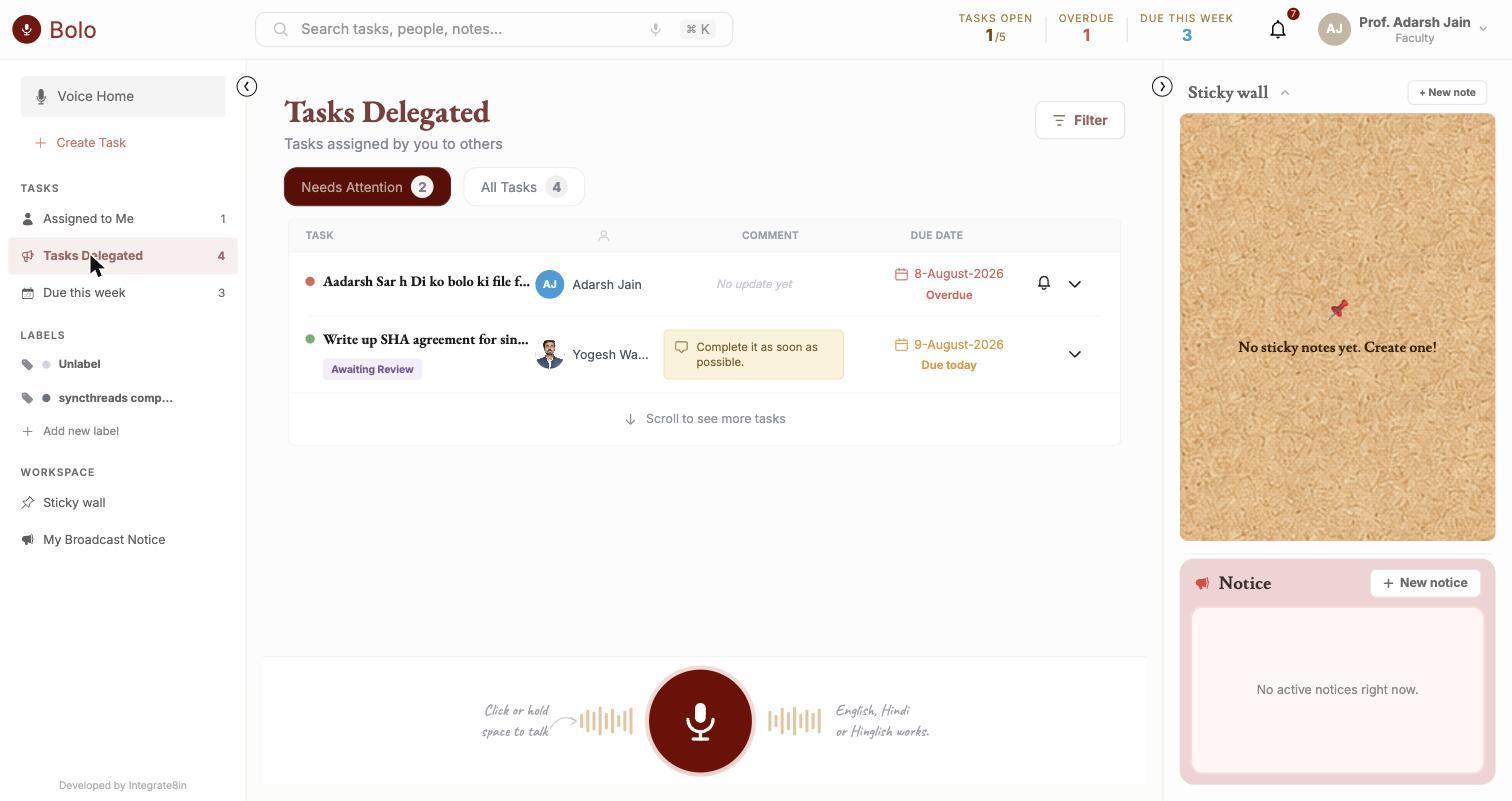 BOLO Tasks Delegated view, showing tasks assigned to team members with due dates